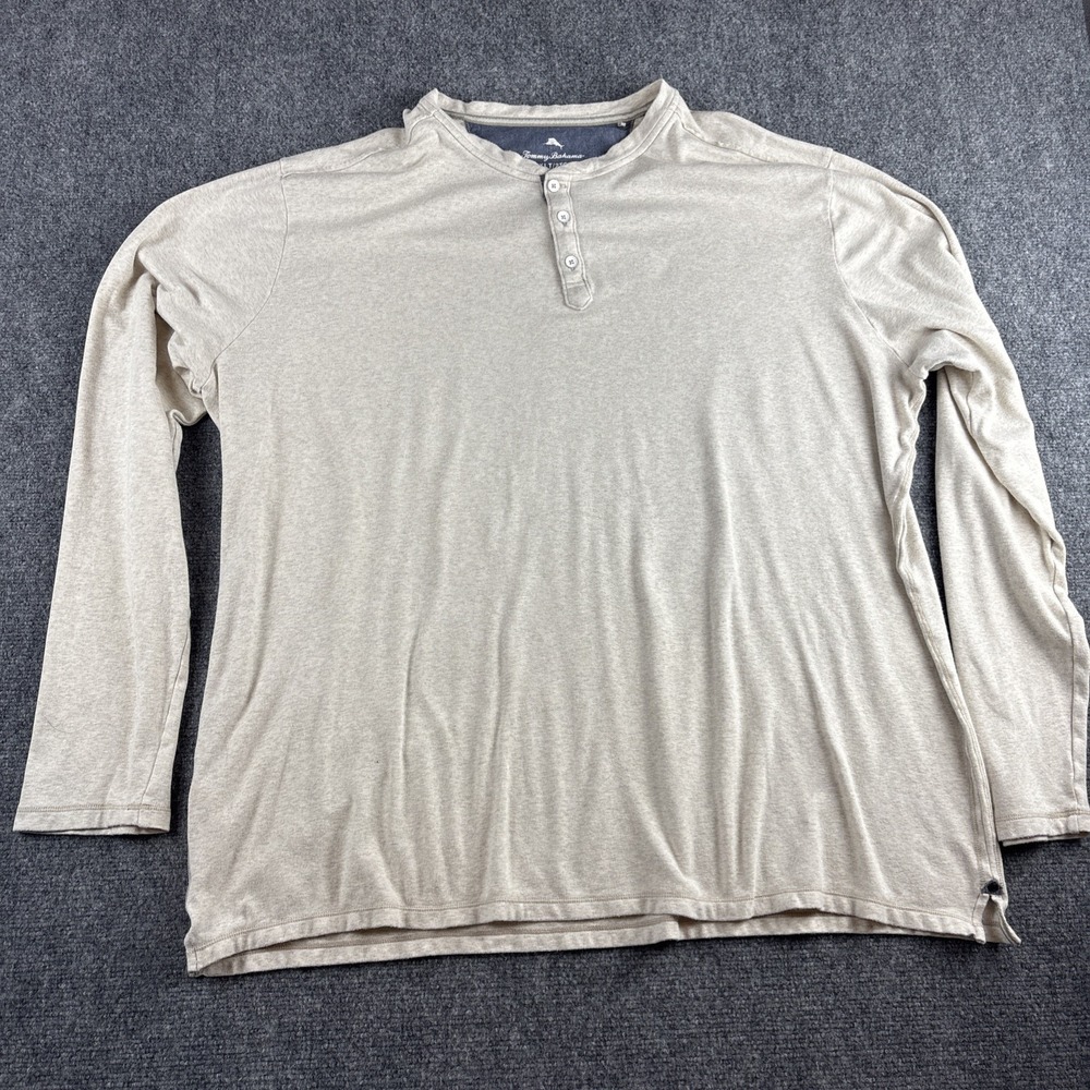 Tommy Bahama Henley Shirt Mens 2XLT Big & Tall Oatmeal Beige Long Sleeve Stretch